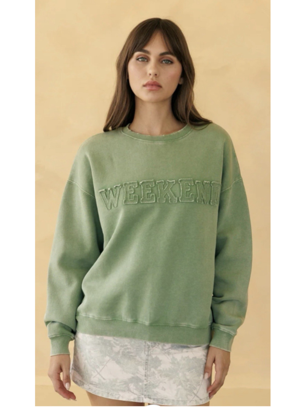 Lazy Sunday Weekend Patched Sweatshirt Laurel Green Crewneck Oversized Sz S
